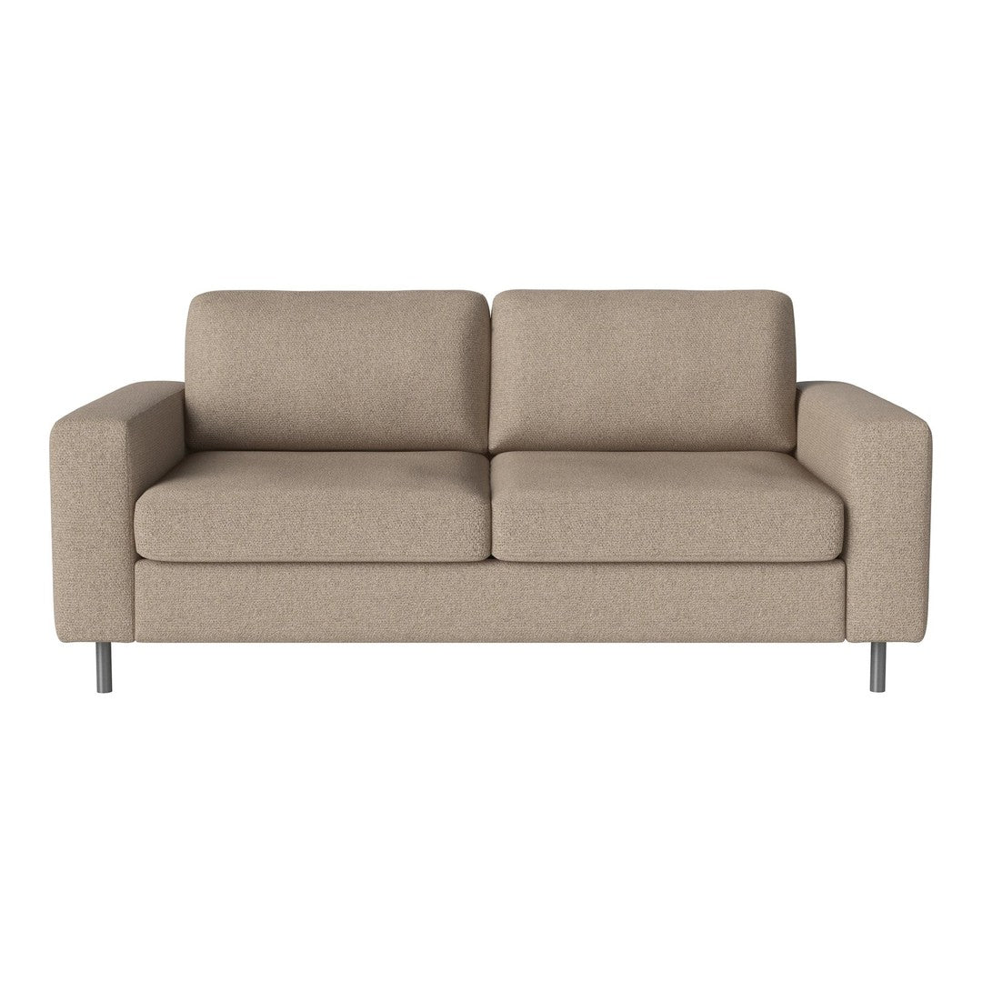 Beige fabric sofa with smooth texture and minimalist design, featuring a clean, modern silhouette and silver legs.