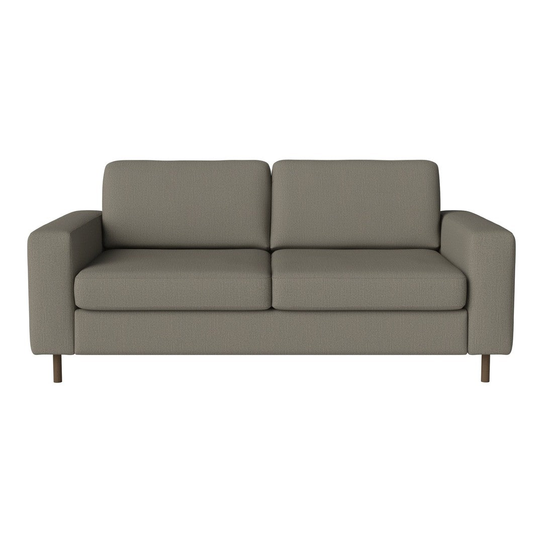 Gray fabric two-seater sofa with minimalistic design and clean lines, featuring solid wood legs.
