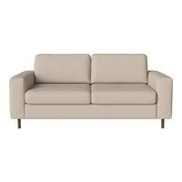 Beige upholstered sofa with a modern design and smooth fabric texture, featuring clean lines and minimalist style.