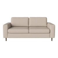 Beige two-seater sofa with a smooth fabric texture and minimalist design, featuring straight lines and wooden legs.