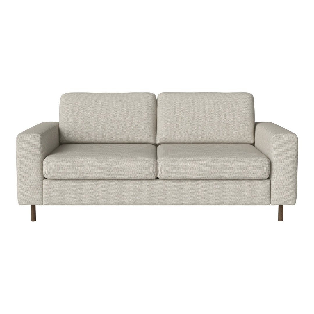 Light beige modern sofa with a minimalist design and smooth fabric upholstery. Simple square armrests and wooden legs.