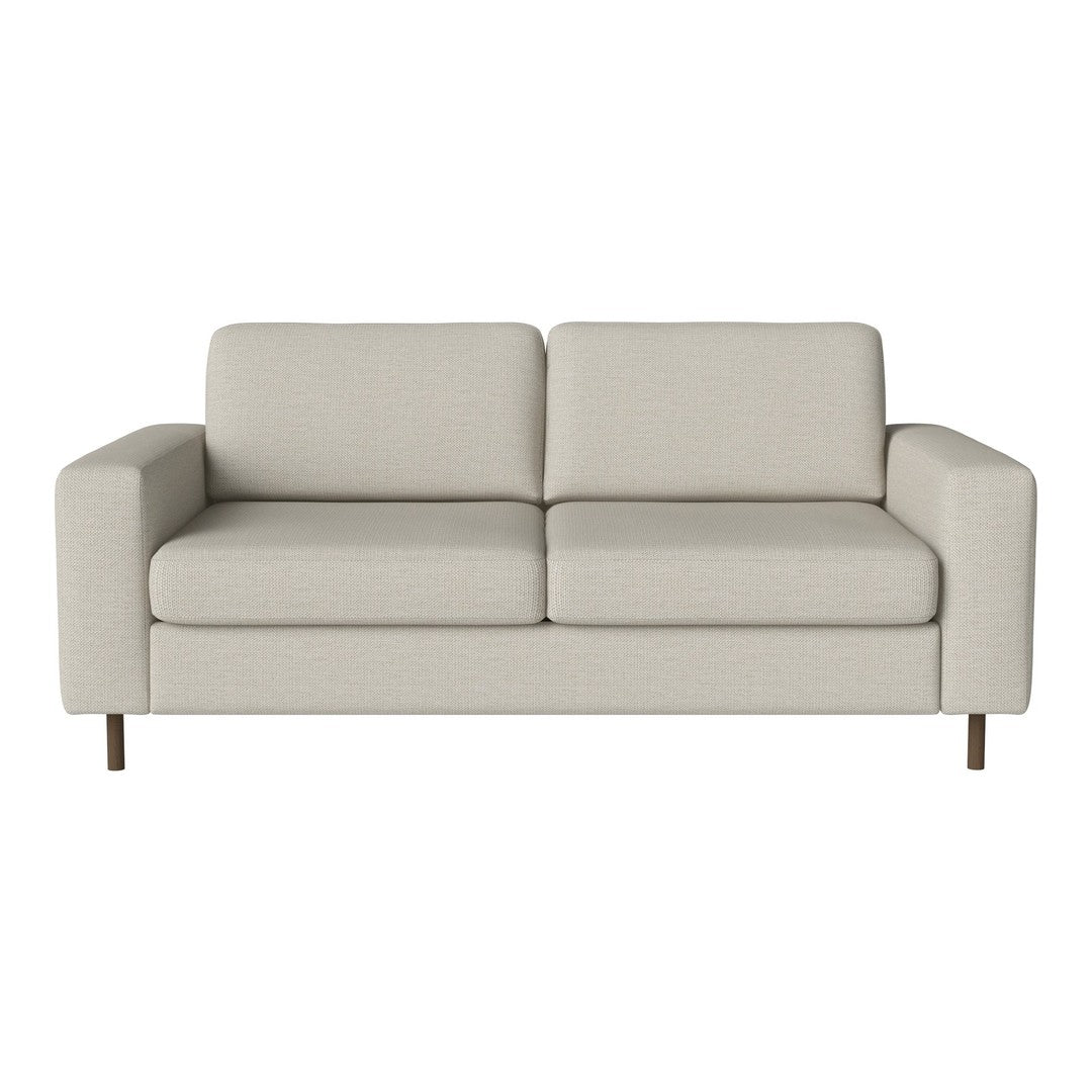 Light beige fabric sofa with clean lines and minimalist design, featuring soft, smooth upholstery and wooden legs.