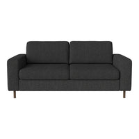 Gray fabric sofa with a minimalist design and wooden legs, featuring a smooth, contemporary texture.
