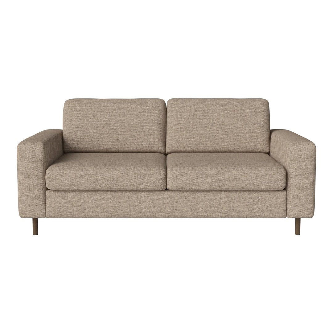 Beige two-seater sofa with clean lines and smooth fabric, featuring minimalist design and wooden legs.