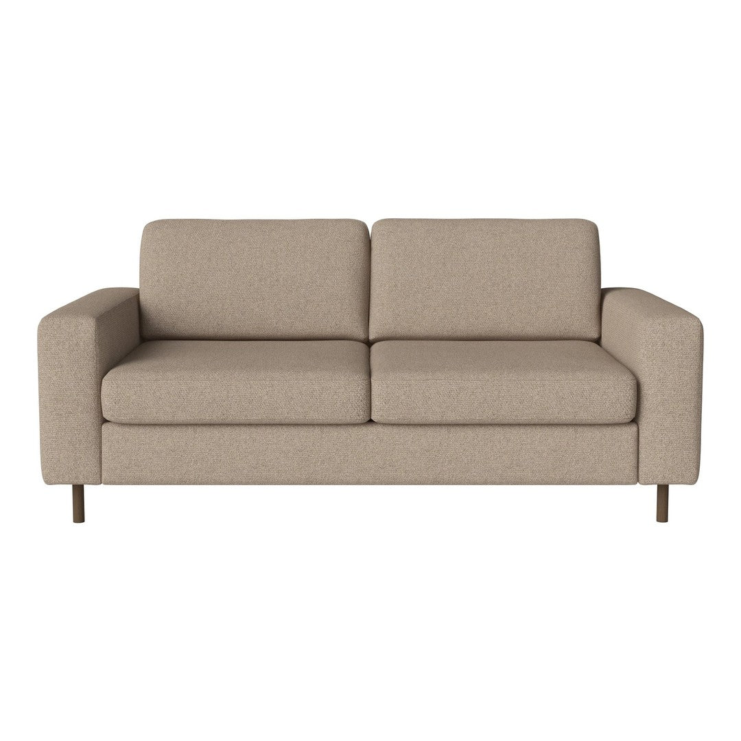Beige two-seater sofa with a smooth, textured fabric and minimalist design. Perfect for modern living spaces.