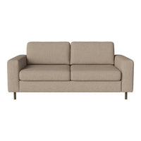 Beige two-seater sofa with a smooth, textured fabric and minimalist design. Perfect for modern living spaces.
