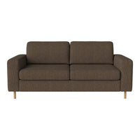 Brown fabric sofa with a textured weave and light wooden legs, featuring a minimalist design and clean lines.