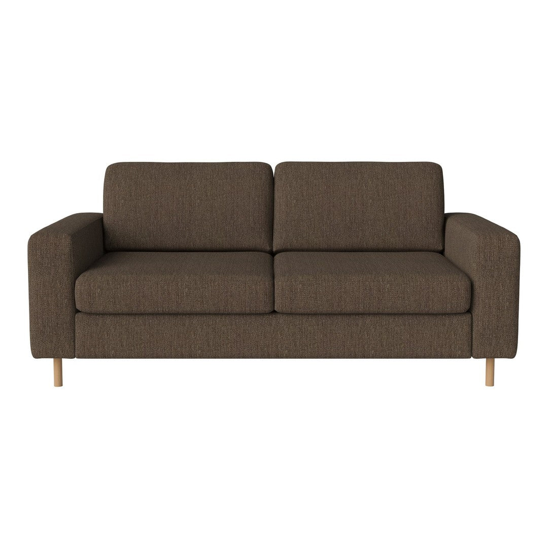 Brown fabric sofa with a textured pattern and wooden legs, perfect for modern living spaces.