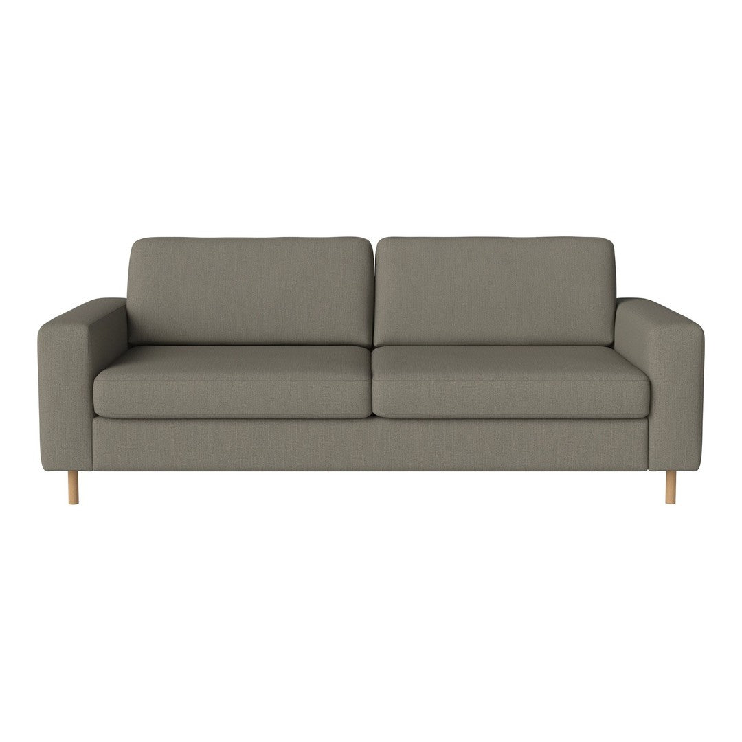 Gray upholstered sofa with a minimalist design and natural wood legs, perfect for modern living spaces.