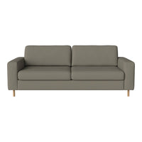 Gray fabric sofa with simple, modern design and wooden legs, ideal for contemporary living spaces.