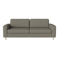 Modern gray sofa with minimalist design and smooth fabric, featuring clean lines and light wooden legs.
