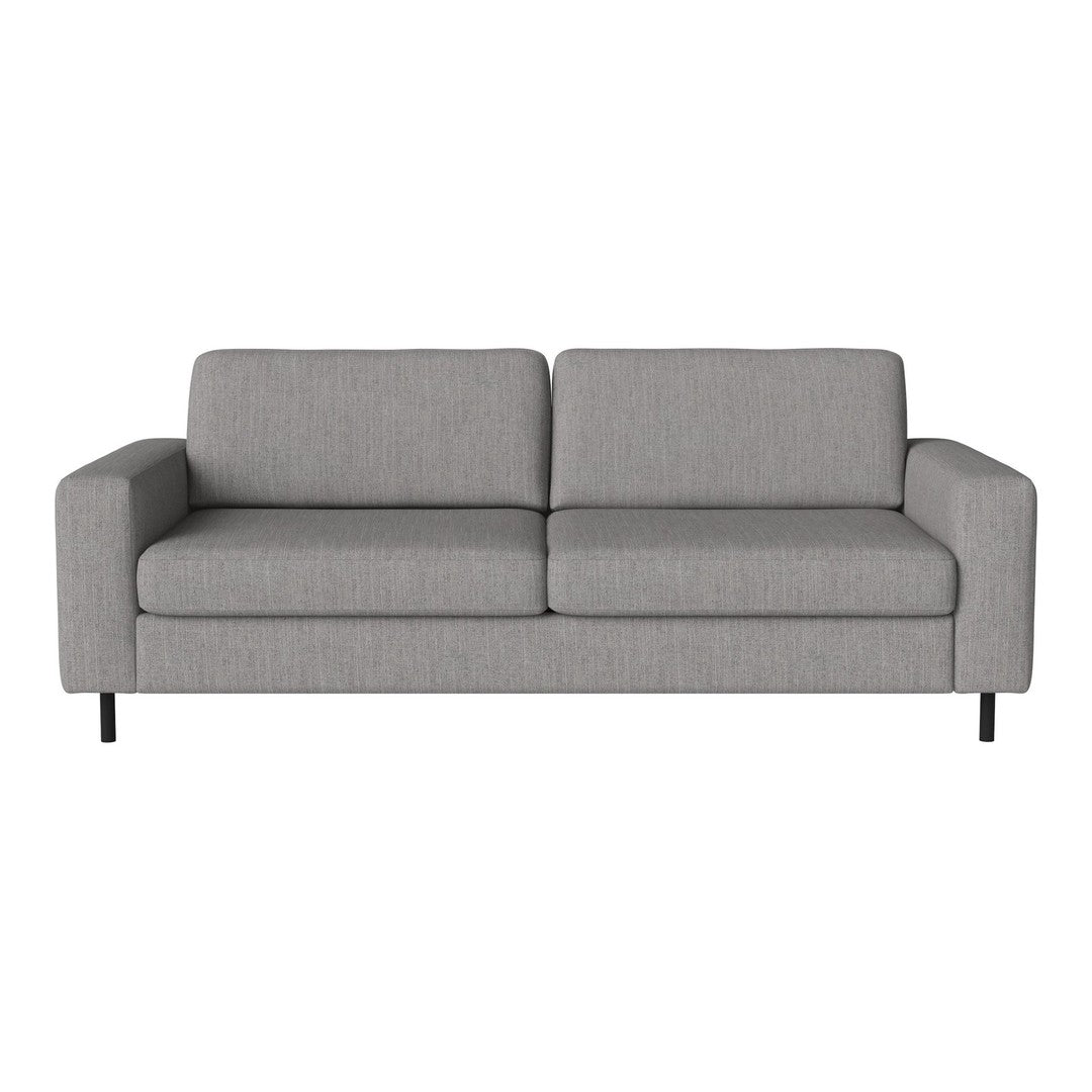 Gray upholstered sofa with a minimalist design and subtle textured pattern, featuring sleek black legs.