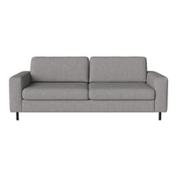 Gray upholstered sofa with a minimalist design and subtle textured pattern, featuring sleek black legs.