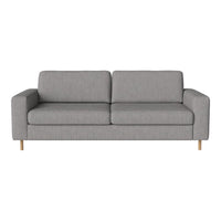 Gray fabric sofa with a smooth texture and minimal pattern, featuring light wooden legs.
