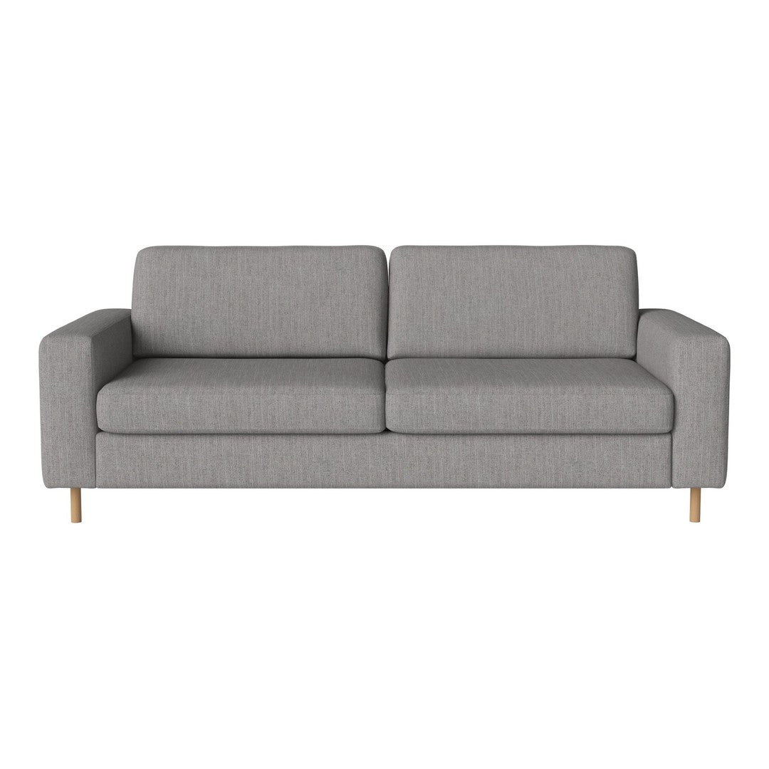 Gray upholstered sofa with a smooth texture and clean lines, featuring light wooden legs for a minimalist look.