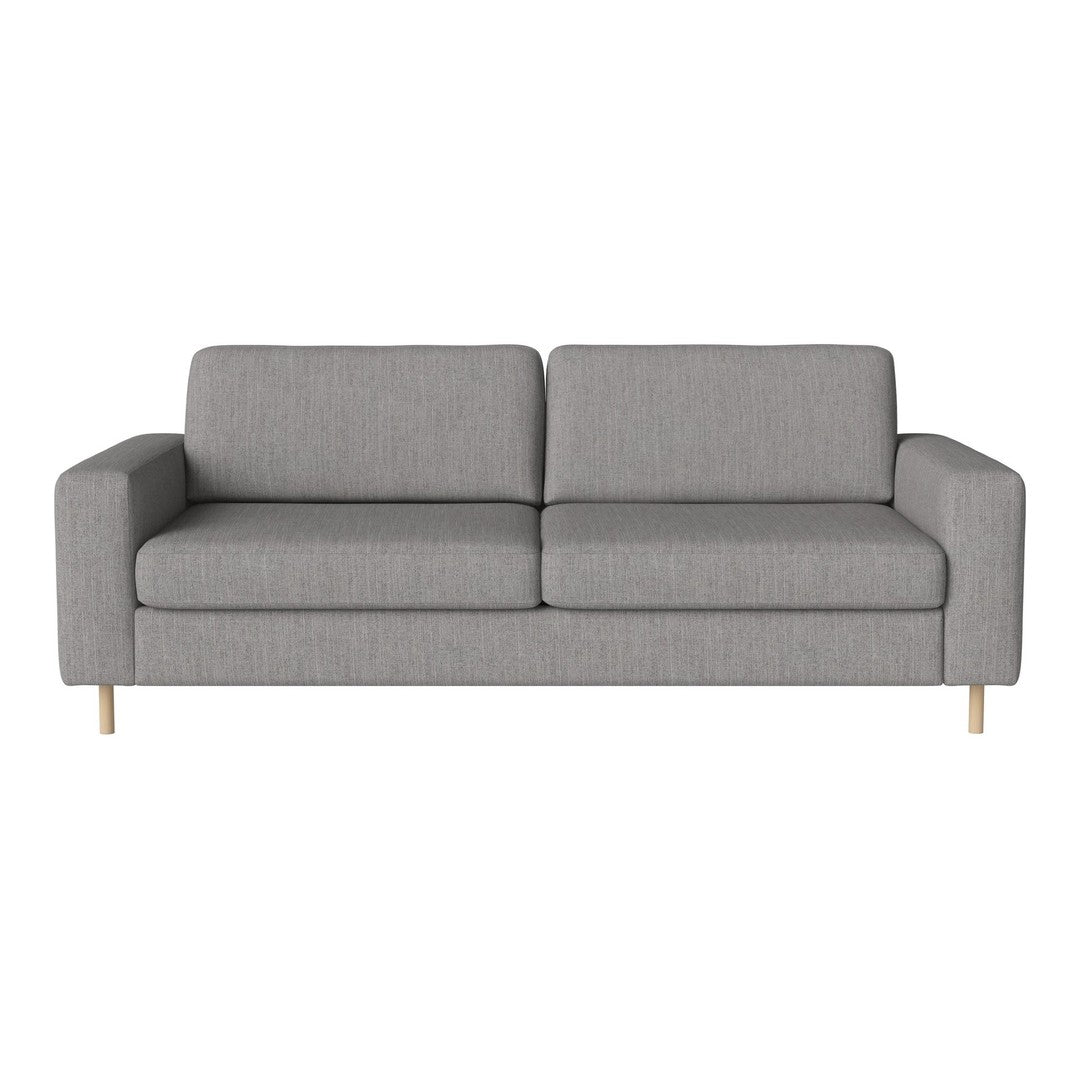 Gray upholstered sofa with a subtle textured pattern and light wooden legs. Ideal for modern living spaces.