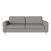Gray upholstered sofa with a subtle textured pattern and light wooden legs. Ideal for modern living spaces.
