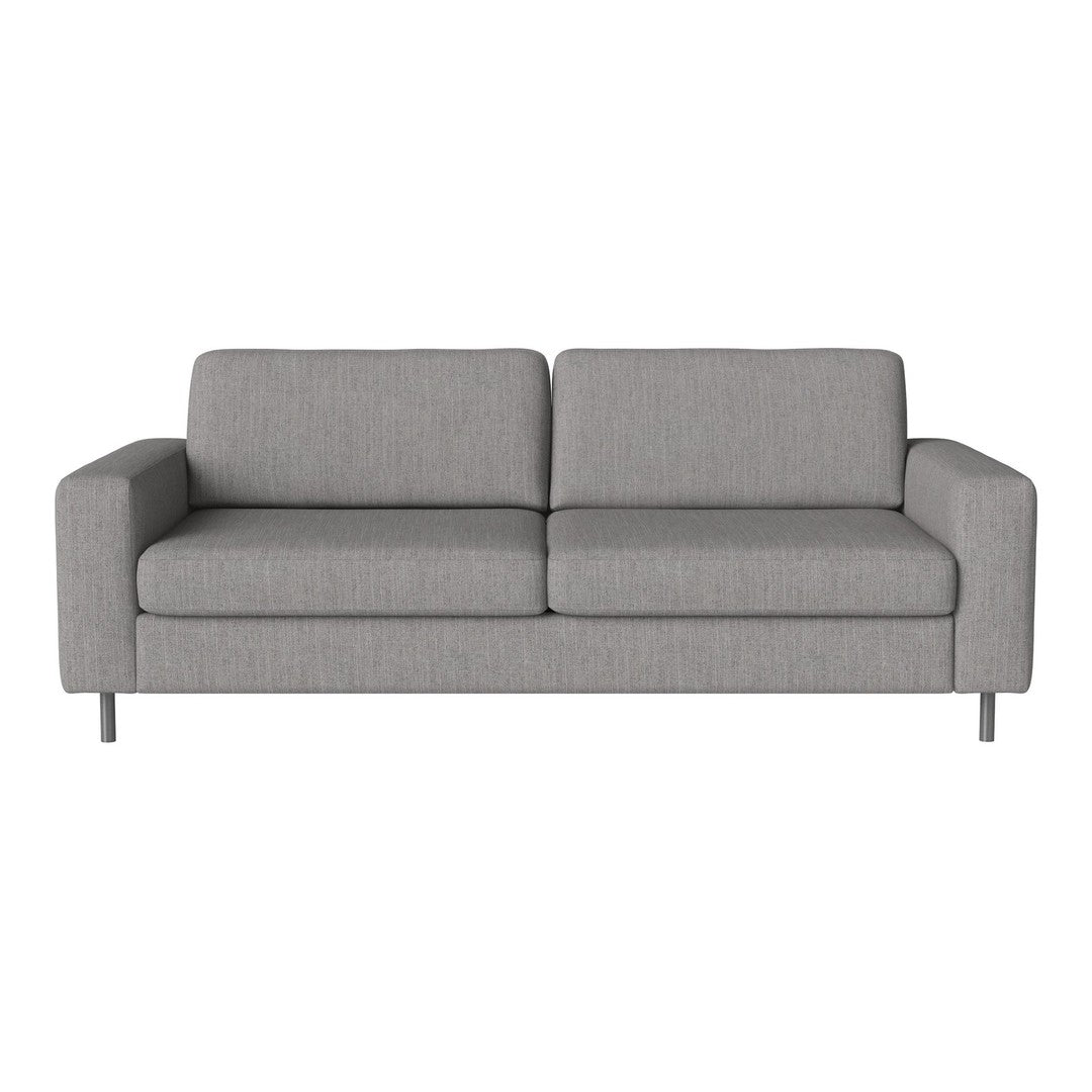 Gray upholstered sofa with a minimalist design and smooth, textured fabric. Perfect for modern interiors.