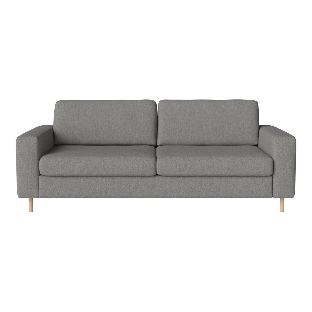 Modern gray sofa with clean lines and minimalist design, featuring solid wood legs and no patterns.