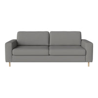 Modern gray sofa with clean lines and minimalist design, featuring solid wood legs and no patterns.