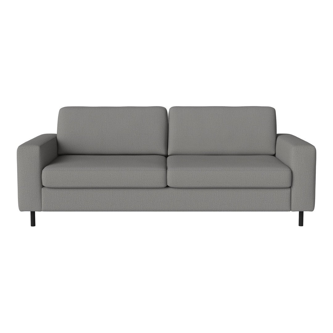 Modern gray sofa with a sleek, minimalist design and smooth fabric upholstery. Perfect for contemporary spaces.