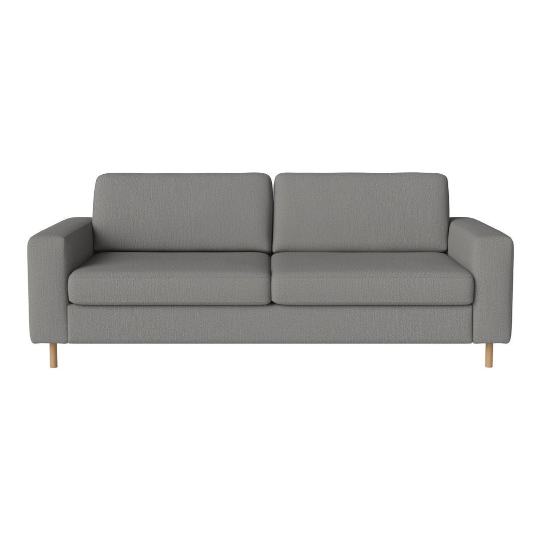Light gray sofa with a minimalist design and smooth fabric, complemented by natural wood legs. Modern and stylish.