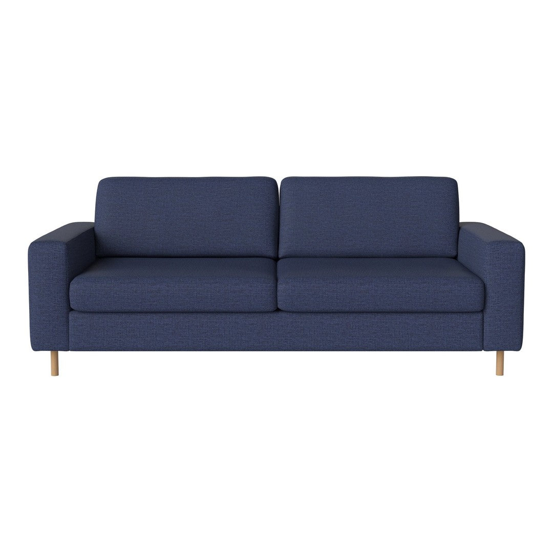 Navy blue sofa with a modern design and subtle textured fabric, featuring clean lines and wooden legs.