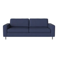 Navy blue upholstered sofa with a sleek, modern design and subtle textured pattern on the fabric.
