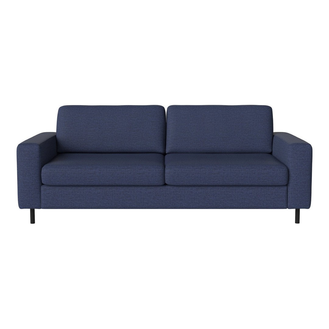 Navy blue sofa with a sleek, modern design and a textured fabric pattern. Perfect for contemporary living spaces.