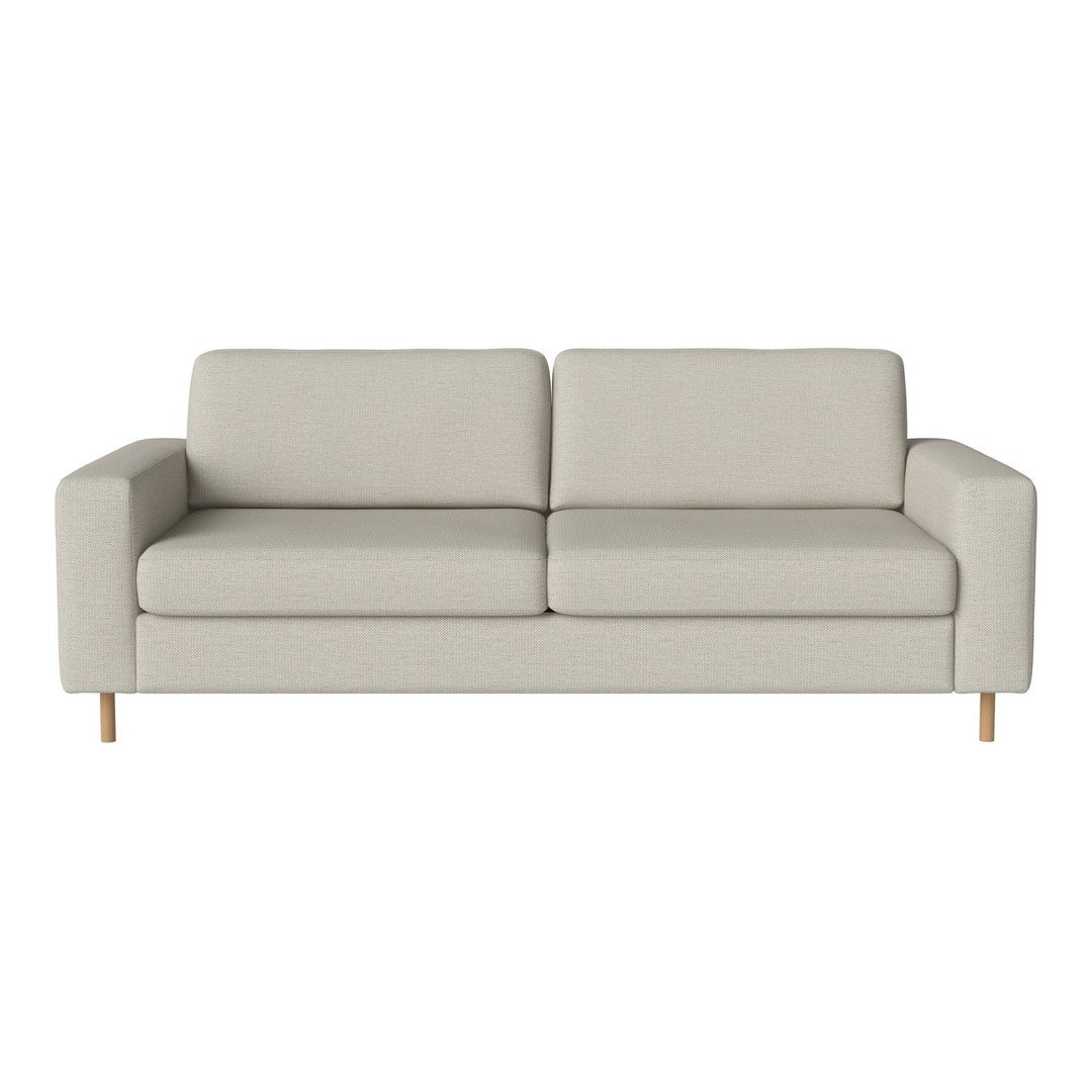 Light gray sofa with clean lines and minimalist design, featuring smooth fabric and subtle wood accents.
