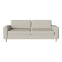 Light gray sofa with a simple, modern design and smooth fabric, featuring a minimalist aesthetic and wooden legs.