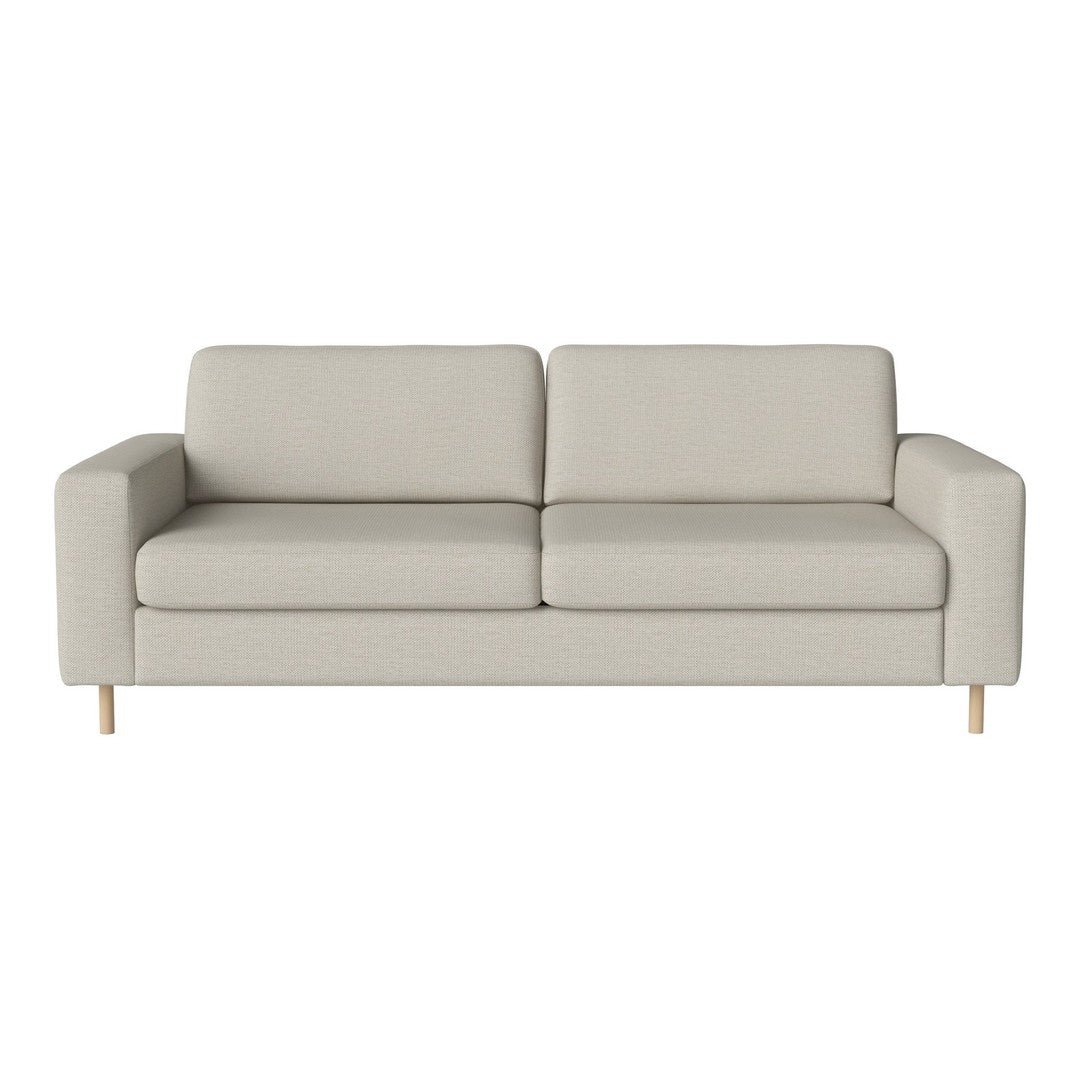 Light gray modern sofa with a smooth texture and minimalist design, featuring clean lines and wooden legs.