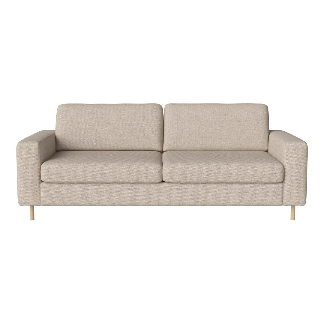 Beige upholstered sofa with a textured pattern and clean lines, complemented by natural wood legs. Perfect for modern interiors.