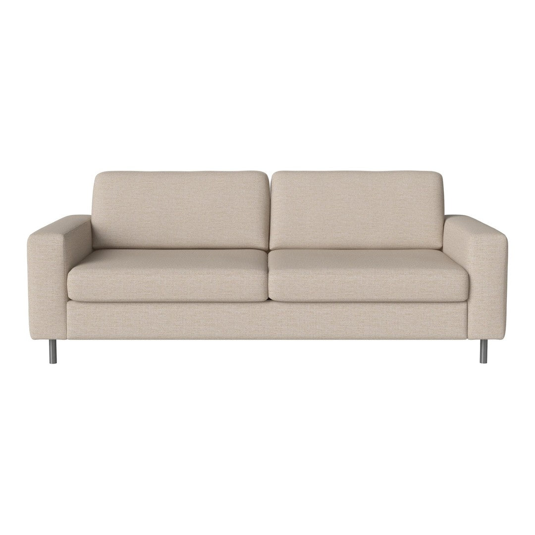 Beige fabric sofa with a sleek, modern design and minimalist silver legs, perfect for contemporary interiors.