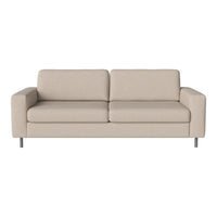 Beige fabric sofa with a sleek, modern design and minimalist silver legs, perfect for contemporary interiors.