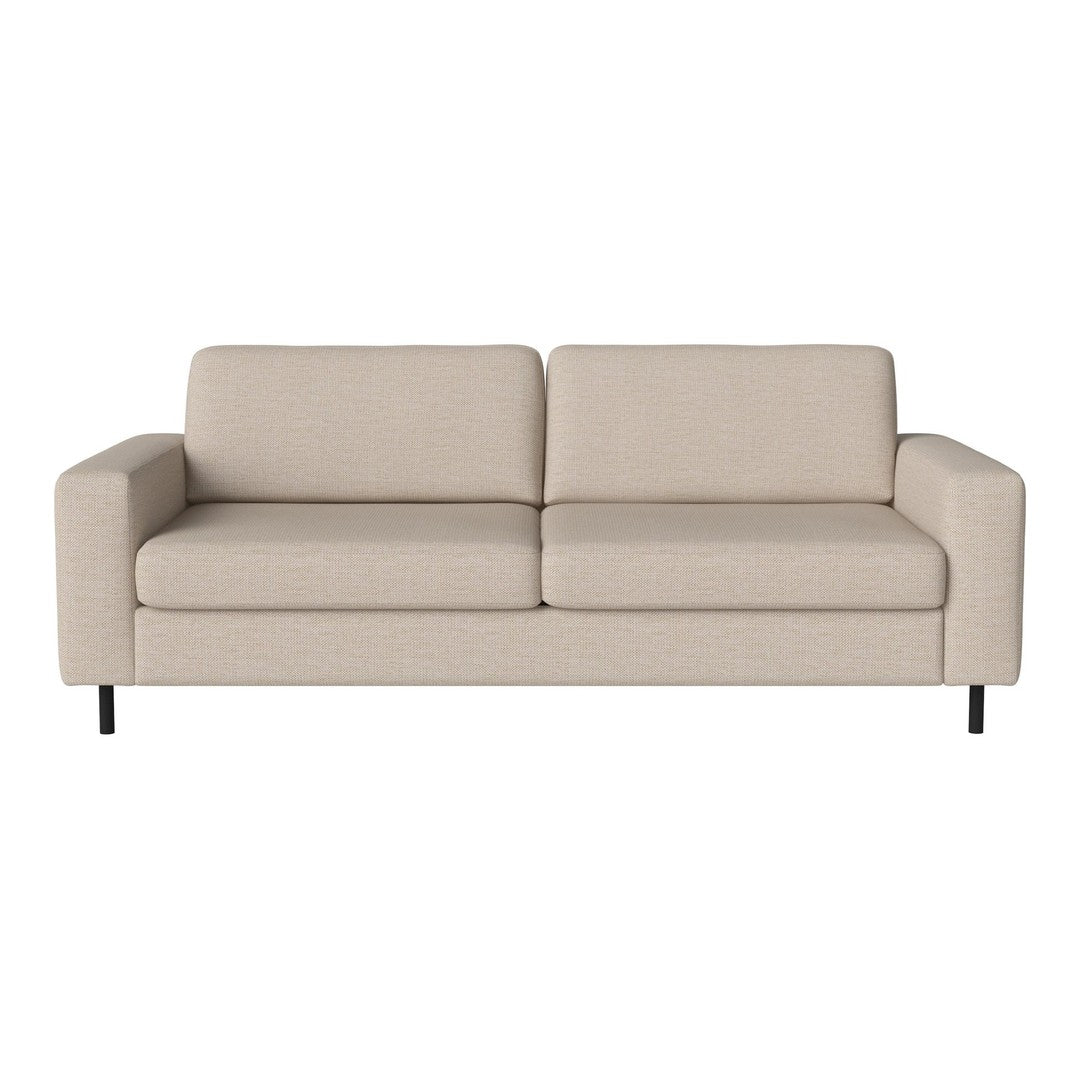 Beige upholstered sofa with a simple, modern design and clean lines, featuring solid black legs.