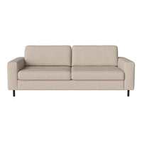 Beige upholstered sofa with a simple, modern design and clean lines, featuring solid black legs.