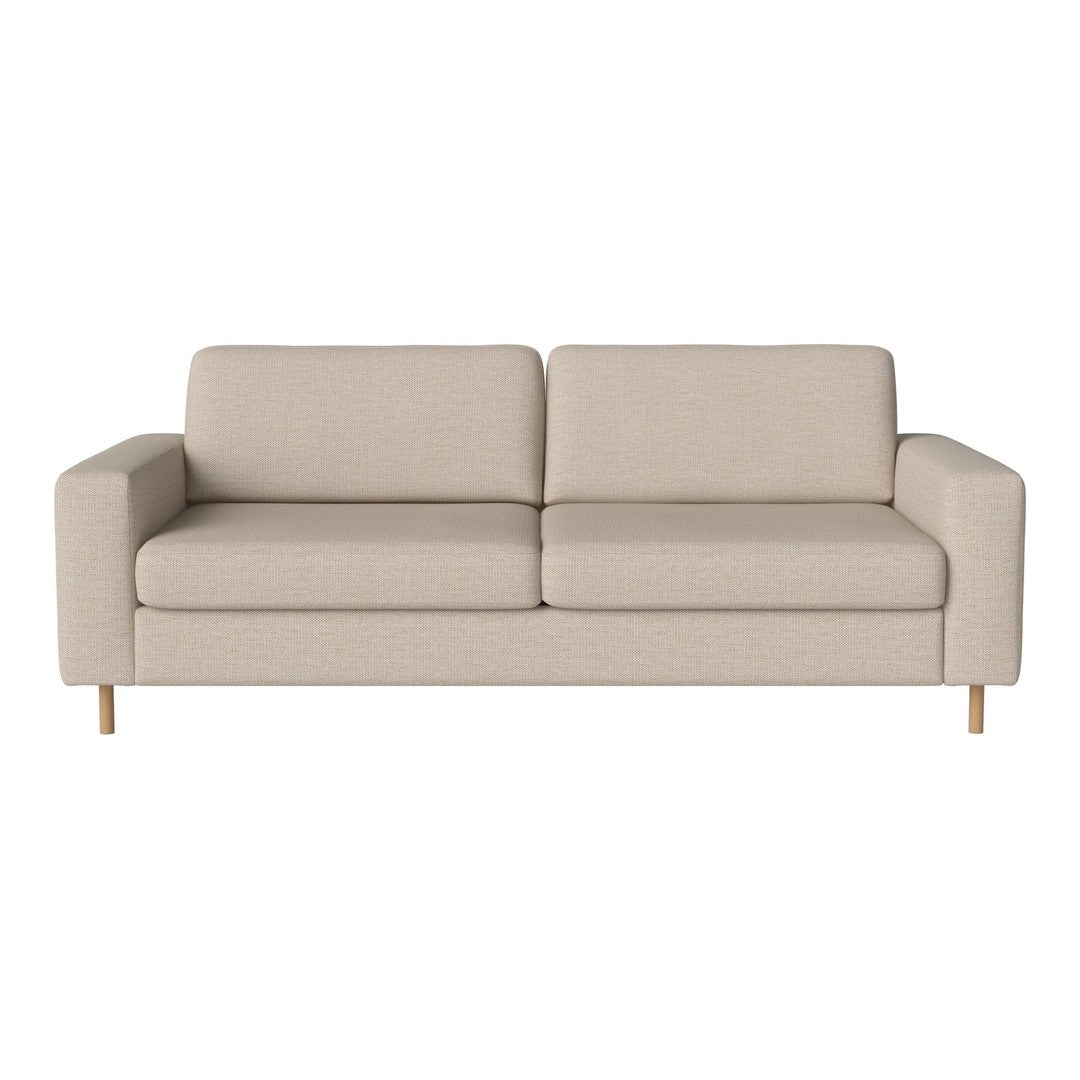 Beige upholstered sofa with a textured fabric and minimalist design, featuring light wooden legs. Ideal for modern decor.