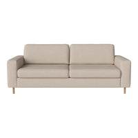 Beige upholstered sofa with a textured fabric and minimalist design, featuring light wooden legs. Ideal for modern decor.