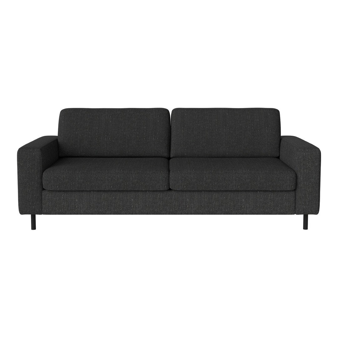 Modern gray sofa with a textured fabric pattern and sleek black legs, perfect for contemporary living spaces.
