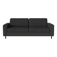 Dark gray upholstered sofa with a clean, modern design and subtle textured pattern, featuring sleek black legs.