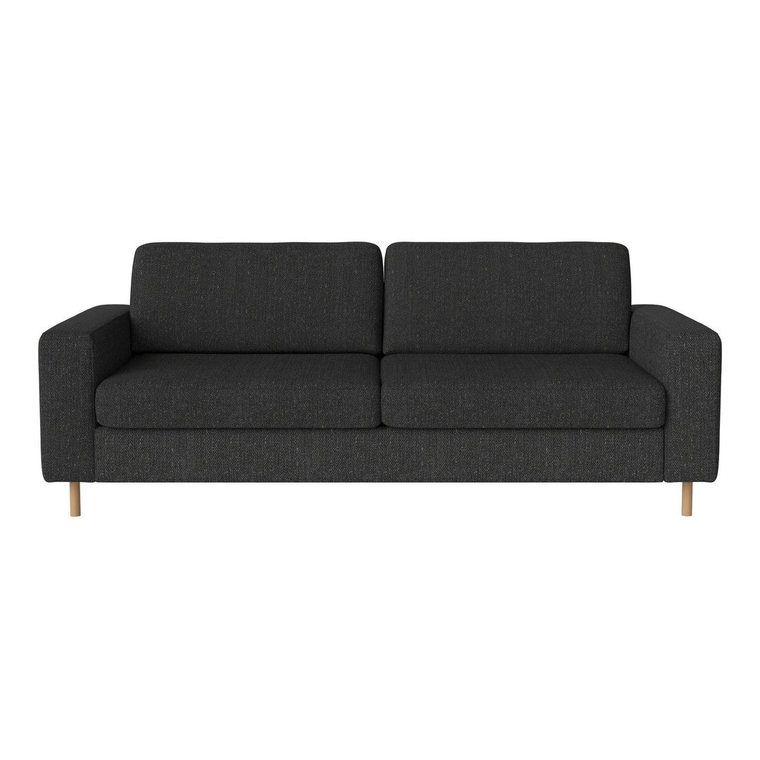 Modern dark gray fabric sofa with a textured pattern and light wooden legs. Ideal for minimalist decor.