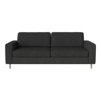 Modern dark gray fabric sofa with a textured pattern and light wooden legs. Ideal for minimalist decor.