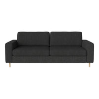 Dark gray upholstered sofa with a minimalist design and light wooden legs. Ideal for modern living spaces.