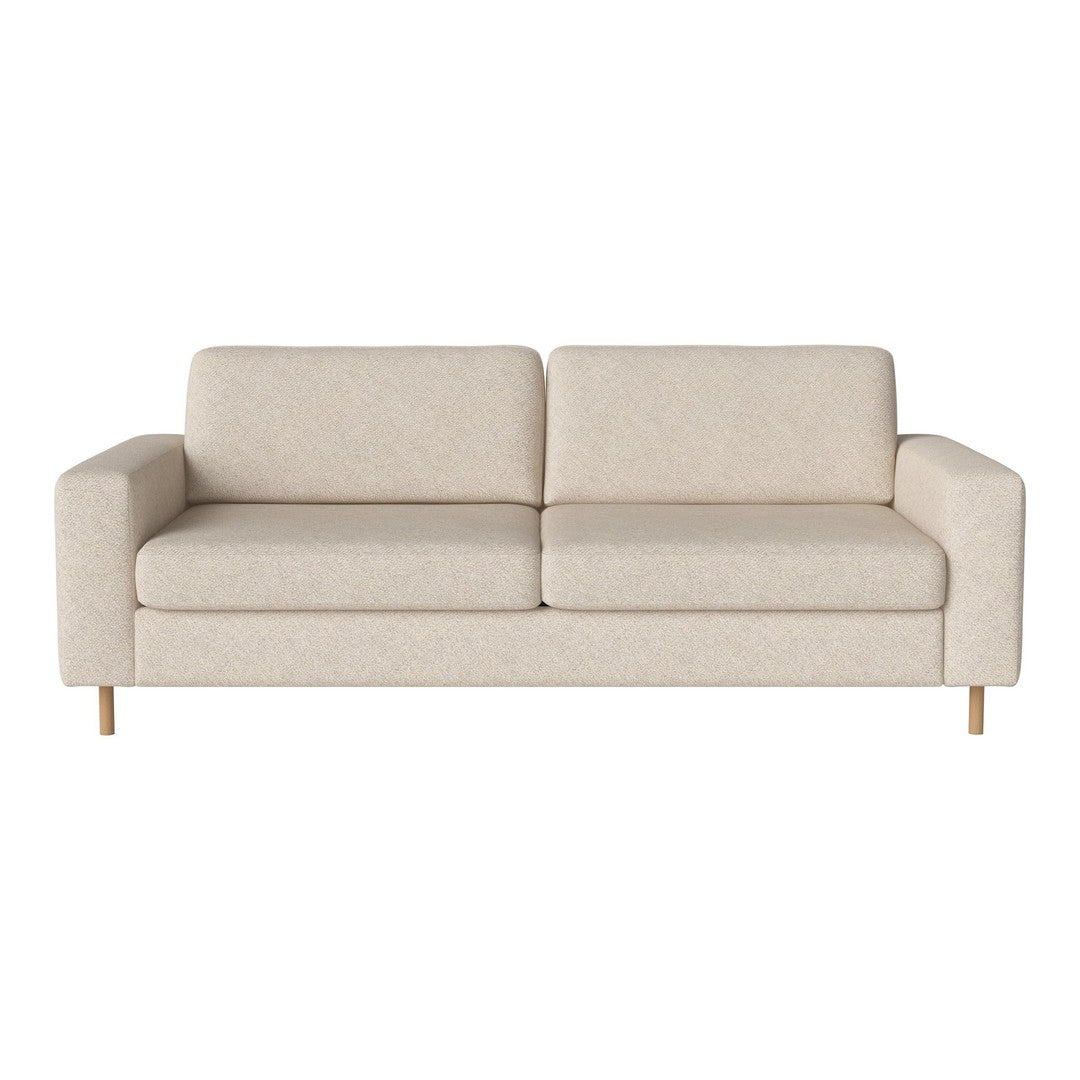 Light beige sofa with a subtle textured pattern and wooden legs, ideal for modern living spaces.