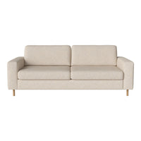 Light beige sofa with a subtle textured pattern and wooden legs, ideal for modern living spaces.