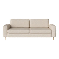 Beige textured sofa with clean lines and light wooden legs, ideal for minimalist decor.