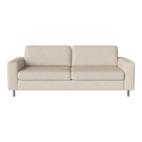Beige fabric sofa with a smooth, minimalistic design and silver metal legs. Perfect for modern living spaces.