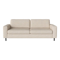 Light beige sofa with smooth upholstery and minimalist design, featuring a solid base and clean lines.
