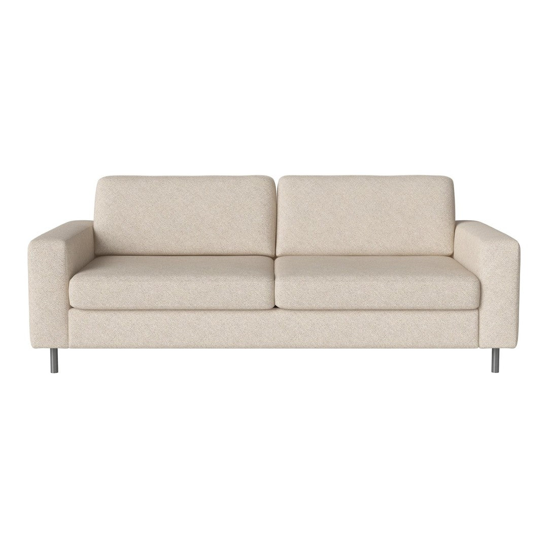 Beige modern sofa with smooth fabric and minimalistic design, featuring clean lines and a neutral color palette.